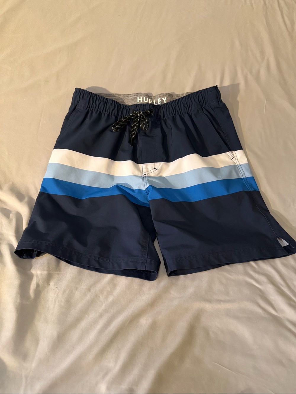 Hurley Men’s Navy Swim Trunks with White and Blue Stripes